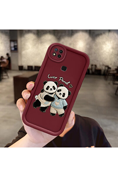 ucuc Xiaomi Redmi 9C Uyumlu Esnek Silikon Koruma Bordo Renk Panda Kılıf
