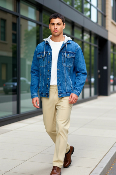 BENERLY Men's 100% Cotton Regular Fit Hooded Denim Jacket Functional Durable ...