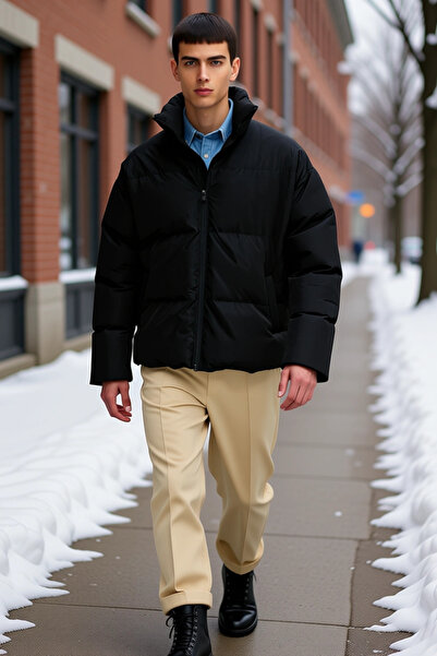 BENERLY Men's Oversized Fit Mock Neck Long Sleeve Zippered Puffer Coat Functi...