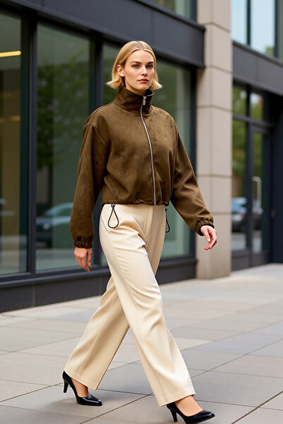 BENERLY Women's Mock Neck Low Arm Zippered Knitted Suede Jacket Functional Du...