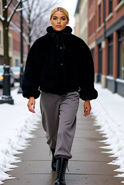 BENERLY Women's Mock Neck Low Arm Zippered Faux Fur Coat Functional Durable Q...