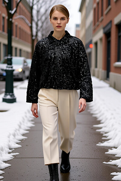 BENERLY Kadın Gömlek Yaka Uzun Kol Standart Kol Payetli Dokuma Ceket Fonksiyonel Dayanıklı Estetik