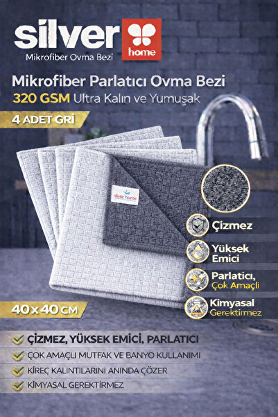 SİLVER HOME 4 Adet Mikrofiber Ovma ve Parlatma Bezi, Çizmez, Yüksek Emici, Çok Amaçlı Mutfak ve Banyo, Gri 40 CM