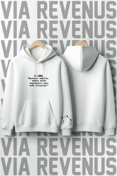 Vordevia Unisex Libra Zodiac Sign Printed Oversized 100% Cotton Hooded Sweatshirt - Vr Astrology Series