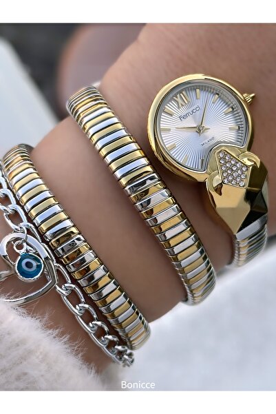 Ferrucci Round Head Stone Snake Watch, Yellow Silver Steel Band Women Wristwa...