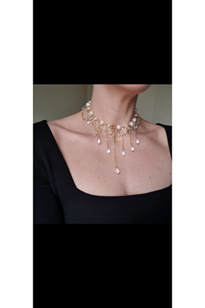 SHİNELİZE Diane inci ve kristal detaylı kolye, kristal kolye, el yapımı tasarım