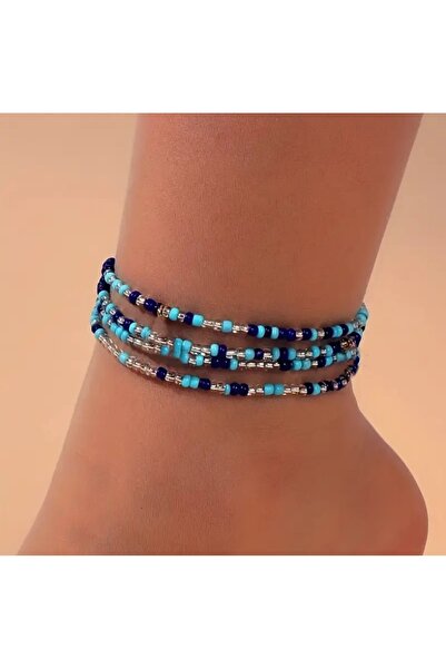 by Natalie 4-Piece Anklet Set, Blue, Navy Blue and Transparent Beaded Set