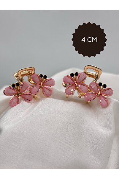 Raha Butik 2'li Çiçek Model Taşlı Şık Metal Mandal Toka - 4 CM