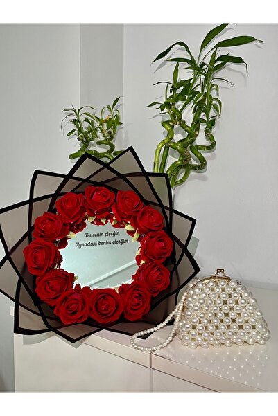 İnci Solmayan Aynalı Kırmızı Gül Buketi Ve Abiye Çanta Seti Sevgililer Günü H...