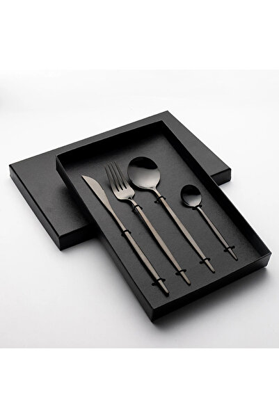 Partenya Dayanıklı Siyah Premium Paslanmaz Çelik 4 Parça Çatal Kaşık Bıçak Ta...