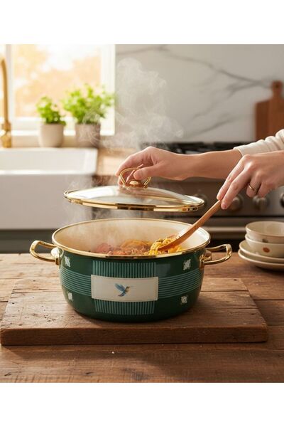 Onedekor وعاء طهي مطلي بالمينا على شكل طائر أخضر ذهبي اللون