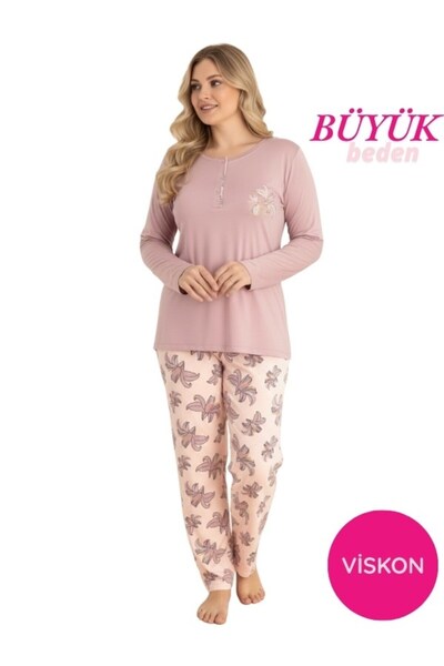 seamlife Women's Plus Size Patterned Crew Neck 3-Button Transitional Stretch Fabric Viscose Long Sleeve Pajama Set