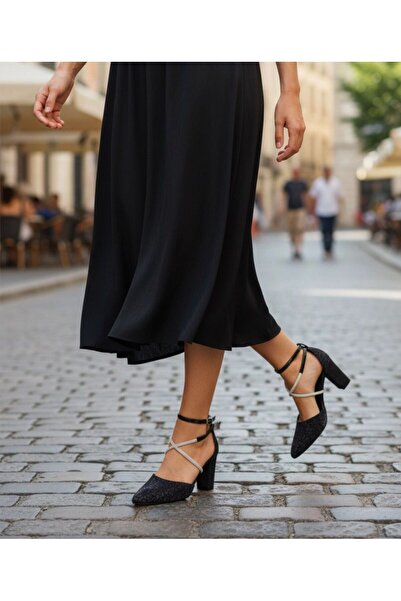 mustey pantofi clasici de damă cu toc gros, detaliu din satin, cu curele la g...