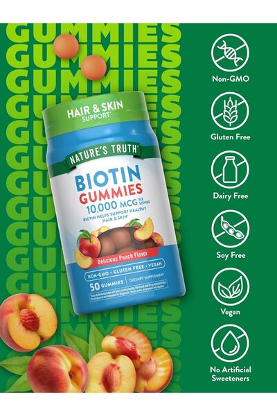 Nature's Truth Biotin Gummies | 10000mcg | 50 Count | Vegan, Non-GMO & Gluten Free Supplement | Peac
