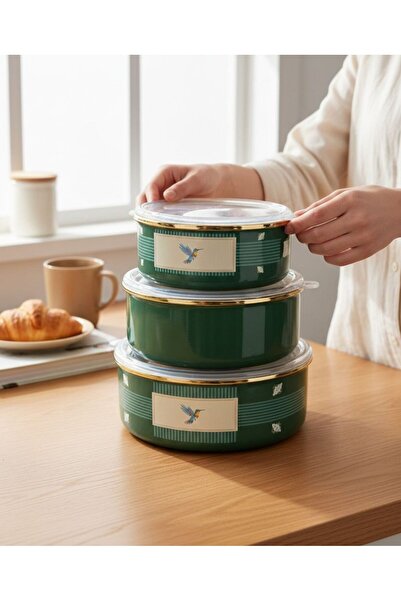 Onedekor Emaye Green Bird Storage Container Gold