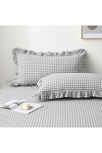 Erba kreasyon Frilly Pillowcase Gingham Pattern Frilly Pillow Case 2 Pieces