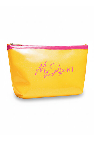 Juene Блестяща кожена чанта за грим Rugan S. с жълто-розов кант и големи плос...