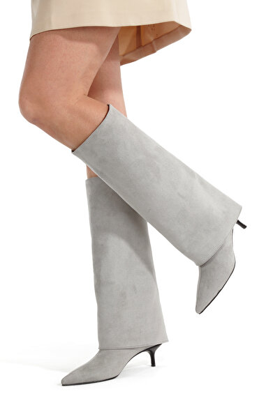 PAYZİN Stone Suede Pull-On Pointed Toe Long Boots 5 cm Thin Heel New Season