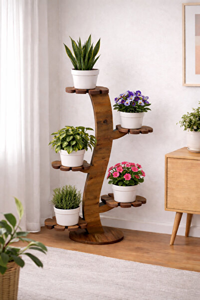 Tok-Co 5 Raflı Ahşap Çiçeklik Yaprak Görünümlü Raf Saksılık