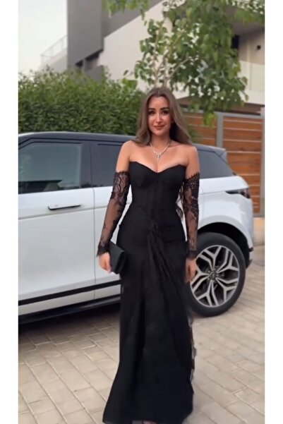 rovan فستان أسود "كورسيه" مكشوف الأكتاف، مع أكمام دانتيل منفصلة وقصة "حورية" ...