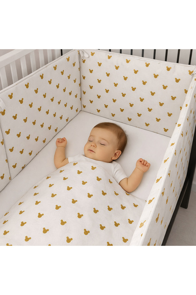 Jaju Baby Gold Micky Patterned 4-Sided Crib Protection – 100% Cotton, Lace-Up