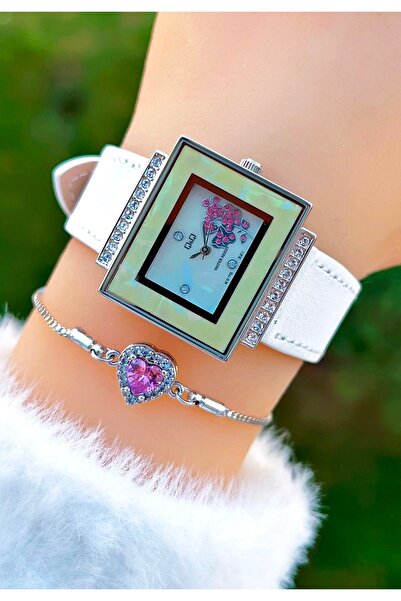 Q&Q Silver Color Case Dial White Leather Band Women's Wristwatch with Bracelet Gift