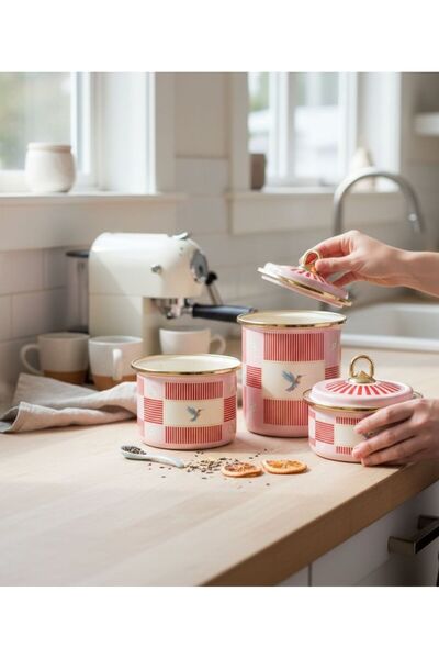 Onedekor وعاء تخزين مكون من 3 قطع على شكل طائر وردي مطلي بالمينا