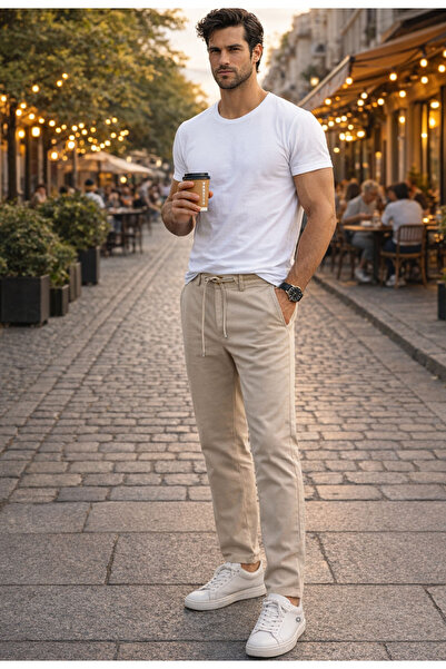 Varetta Men's Sand Beige Stretch Fabric Jogger Pants Dobby Elastic Waist Stretch Fabric Casual Regular Fit Trousers