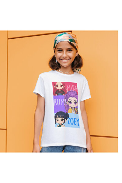 ALPŞAN TİCARET Huntrix Anime Tişört - Rumi Mira Zoey Karakterli Kız Çocuk Beyaz Tişört