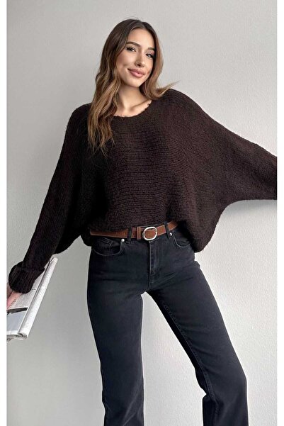 yeditepe fashion Boat Neck Sleeve Layered Thick Knit Sweater