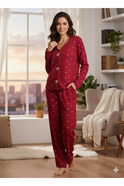 ELİTOL Women's Pajama Set with Bow at the Front, Burgundy Color, Special Boxed (You Can Prefer One Size up)