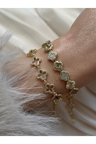 Dore 14K Gold Görünümlü Dört Yaprak Motifli Bileklik