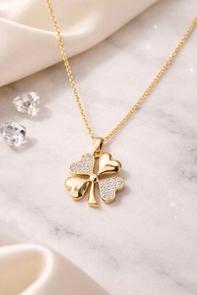 mischa jewelry Kalp detaylı çelik yonca kolye altın kaplama