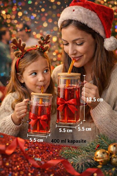 Ceyizde Bambu Kapaklı 400 ml borisilikat sızdırmaz Cam Kupa - Hediyelik Kupa Yılbaşı Cam Bardak