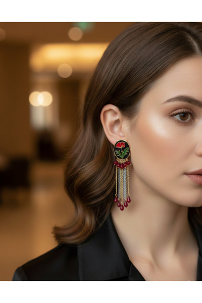 Tüko Store Zr Model Flower Chain Detailed Long Dangle Model Earrings