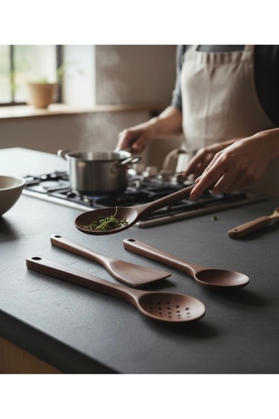 İthal 3 Pieces Acacia Wood Spoon Set Serving Set Mixing Spoon