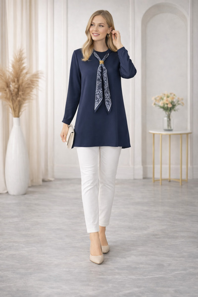 nacar çarşı Women's Long Sleeve Casual Tunic with Scarf Accessory