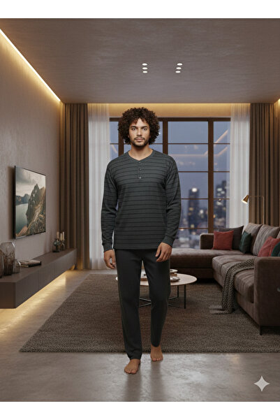 Sude HOMEWEAR Men's Pajama Set Buttoned Winter Long Sleeve Black Color Special Boxed