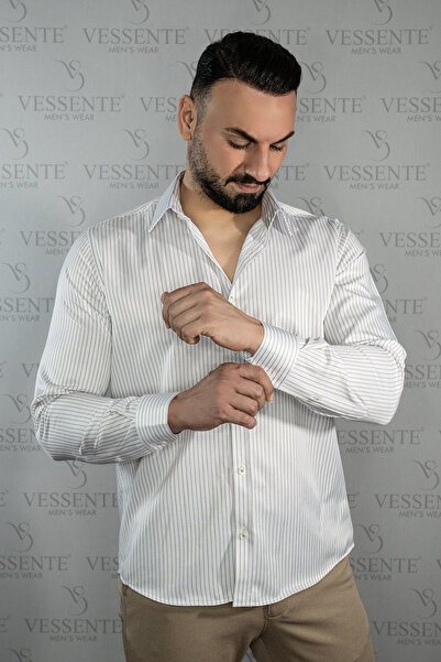 VESSENTE PREMIUM PAMUKLU SLIM FIT UZUN KOLLU KREM ÇİZGİLİ ERKEK GÖMLEK