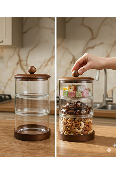 İthal طقم تخزين من 3 طبقات من الزجاج المفرغ من الأكاسيا لحفظ السكر والحلويات ...