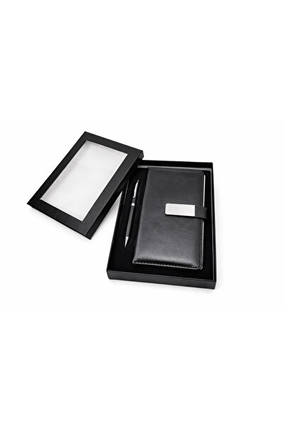 OEM Business Gift Set – PU Leather Notebook with Metal Pen, Black, Elegant Office Organizer