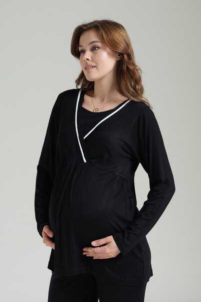 Lohusa Dünyasi Women's Piped Long Sleeve Maternity Pajama Set with Dressing Gown, 3-Piece Pajama Set
