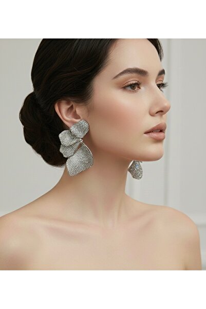 VNS Accessories Taş Detaylı Büyük Yaprak Model Işıltılı Abiye Küpe (7,5 cm/Ağ...