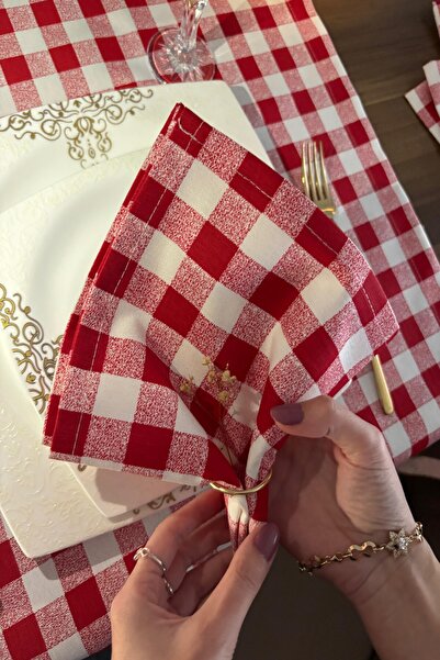 zarafet concept Kırmızı Karelı Dak Keten Sıvı Geçirmez Leke Tutmaz 35x35