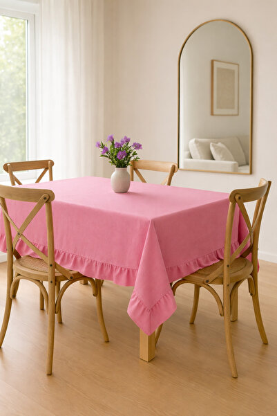 Mirilliahome Τραπεζομάντιλο από ακατέργαστο λινό ροζ με βολάν Elite – Ροζ τρα...