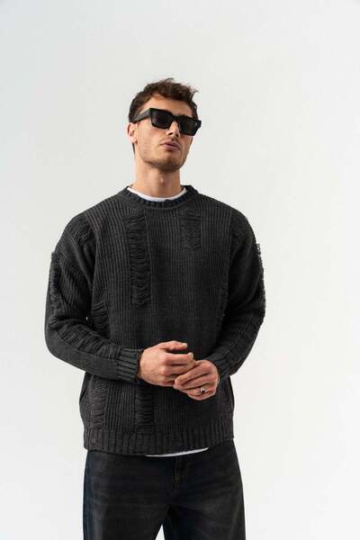 go gang own Ribline Yırtık Detaylı Bisiklet Yaka Triko Kazak