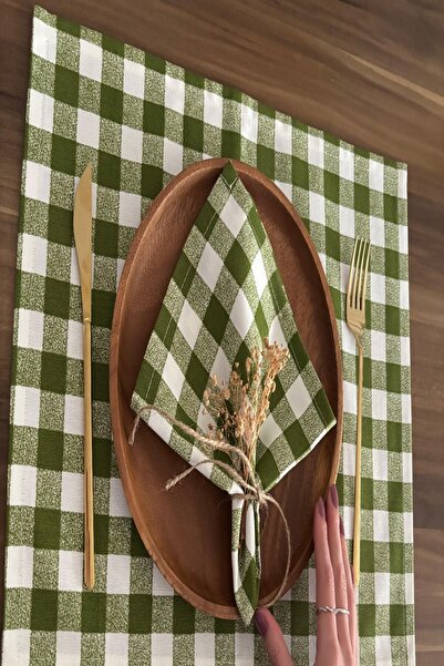 zarafet concept 6 Adet Yeşil Kareli Keten Amerikan Servis 35 x 45