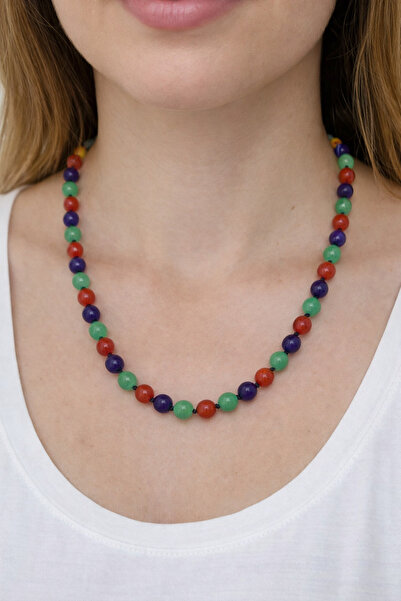 ENFERA DOĞAL TAŞ Doğal Taş Akik, Ametist ve Aventurin Taşı Kolye 8 mm Şans, N...