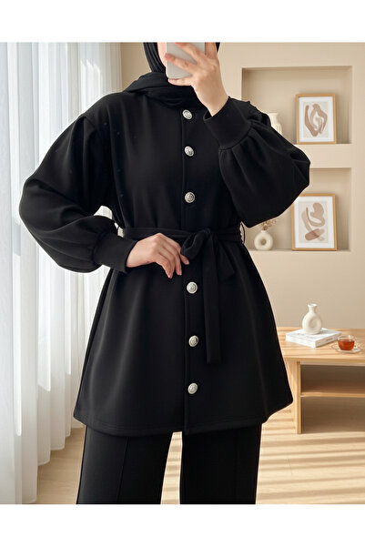 Modamorfo Beli Belted Buttoned Front Pants Scuba Suit - Black