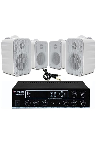 Rose 4’lü Beyaz Hoparlörlü Anfi Ses Sistemi Seti | Mağaza ve Ofis Için Profes...